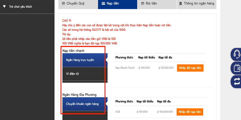 Nạp tiền bằng kênh ví điện tử online